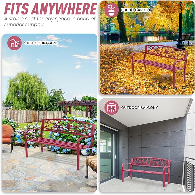 Perched Birds Metal Park Patio Bench, Outdoor Bench in Red for Porch, Lawn, Garden, Deck by Sun-Ray