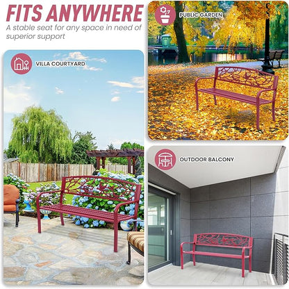 Perched Birds Metal Park Patio Bench, Outdoor Bench in Red for Porch, Lawn, Garden, Deck by Sun-Ray