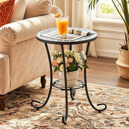 Side Table Outdoor, Mosaic Patio Table with Planter Stand, 22" H Iron Coffee End Table, Weather-Resistant Tile Top Metal Drink Bar Table for Indoor Garden Balcony Yard Bistro
