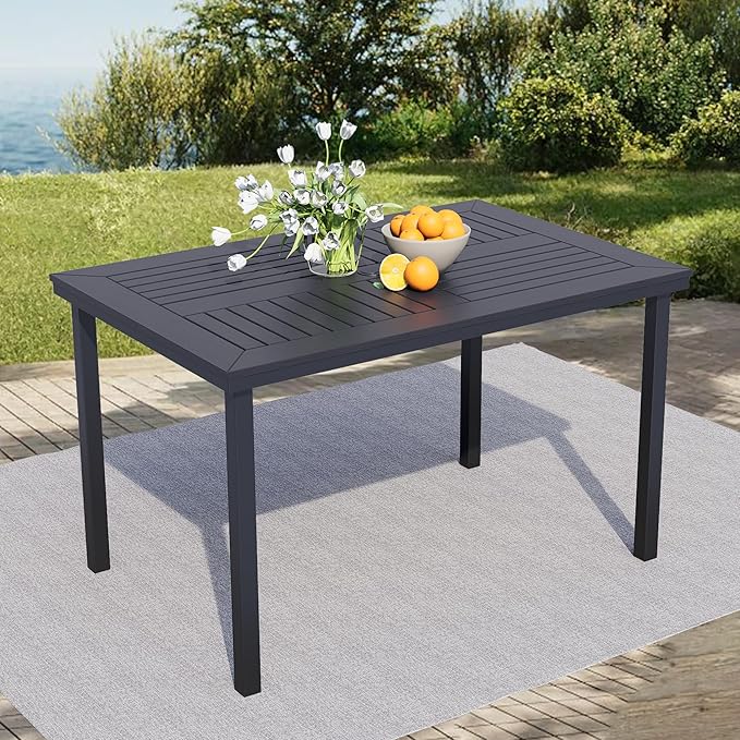 6-Seater Outdoor Dining Table, Patio Table with Wood-Plastic Tabletop, Outdoor Rectangular Table for Backyard Garden Porch