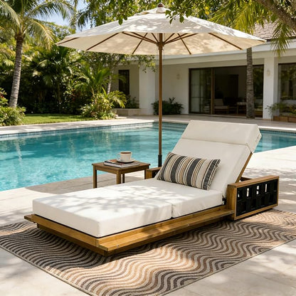 Christopher Knight Home Arly Acacia Wood Chaise Lounge Chair Outdoor with Foldable Cushion, Adjustable Backrest Sun Lounger Recliner, Wooden Patio Sun Bathing Lounge Chair, Teak+Beige