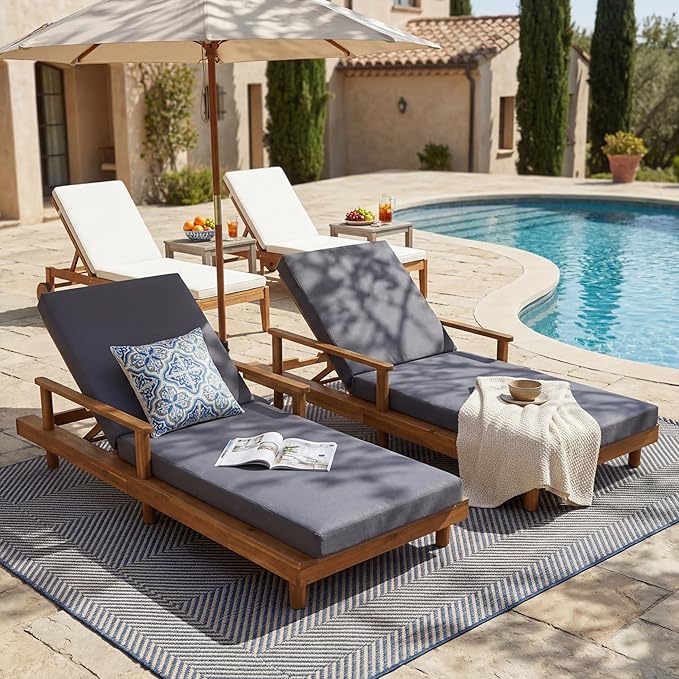 Merax Acacia Wood Outdoor Chaise Lounge Chair Set of 2, 3-Position Adjustable Backrest & 4" Thick 3-Fold Removable Cushion, 76.8" L Modern Patio Sun Lounger for Garden Pool Beach Yard, Dark-Grey+Teak