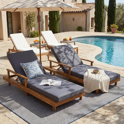 Merax Acacia Wood Outdoor Chaise Lounge Chair Set of 2, 3-Position Adjustable Backrest & 4" Thick 3-Fold Removable Cushion, 76.8" L Modern Patio Sun Lounger for Garden Pool Beach Yard, Dark-Grey+Teak