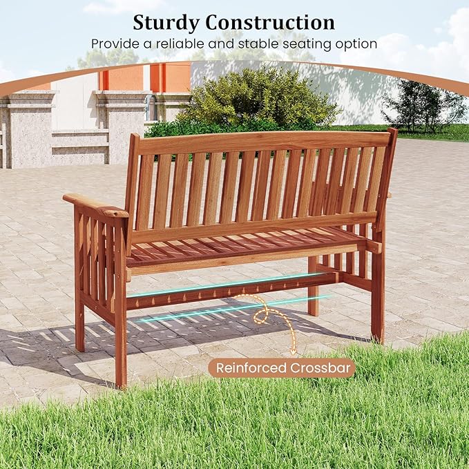 Tangkula Outdoor Wood Garden Bench, 2-Person Patio Park Bench with Backrest, Armrests and Slatted Seat - Photo 9