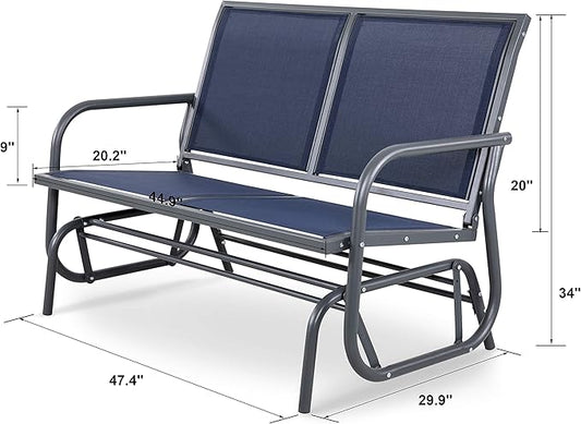 NUU GARDEN 2 Person Outdoor Glider Bench Patio Glider, Patio Glider Swing Chair with Powder Coated Steel Frame and Breathable Seat Fabric, Patio Double Swing Rocking Chair, Blue
