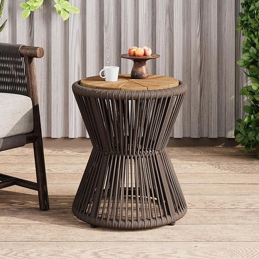 Christopher Knight Home Nara 18.9" Acacia Wood Outdoor Side Table, Hourglass Shaped with Metal Frame+Woven Rope, Outdoor Coffee Table, Garden Plant Stand Indoor, No Assembly Needed, Dark Grey+Teak