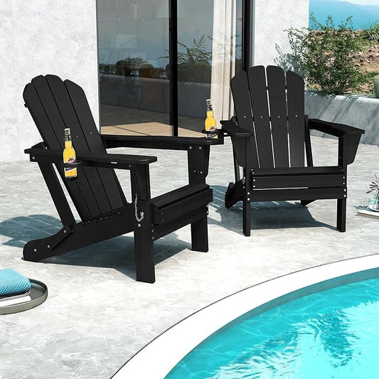 Domi Folding Adirondack Chair Set of 2, HDPE All-Weather Adirondack Chairs with Cup Holder, Outdoor Plastic Fire Pit Chairs Wood Texture for Poolside, Patio, Backyard, Deck (Black)