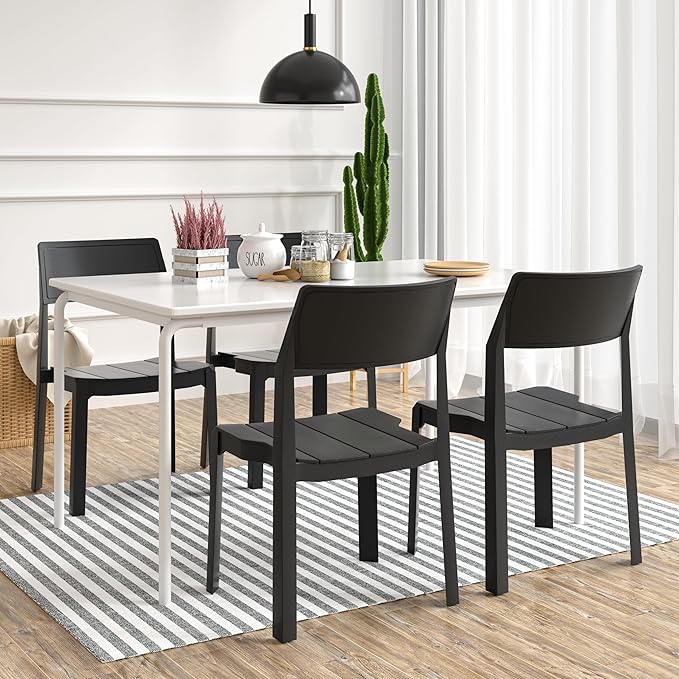VECELO Plastic Dining Chairs Set of 4, Stackable Patio Chairs for Indoor & Outdoor Use, No Assembly Required, Black
