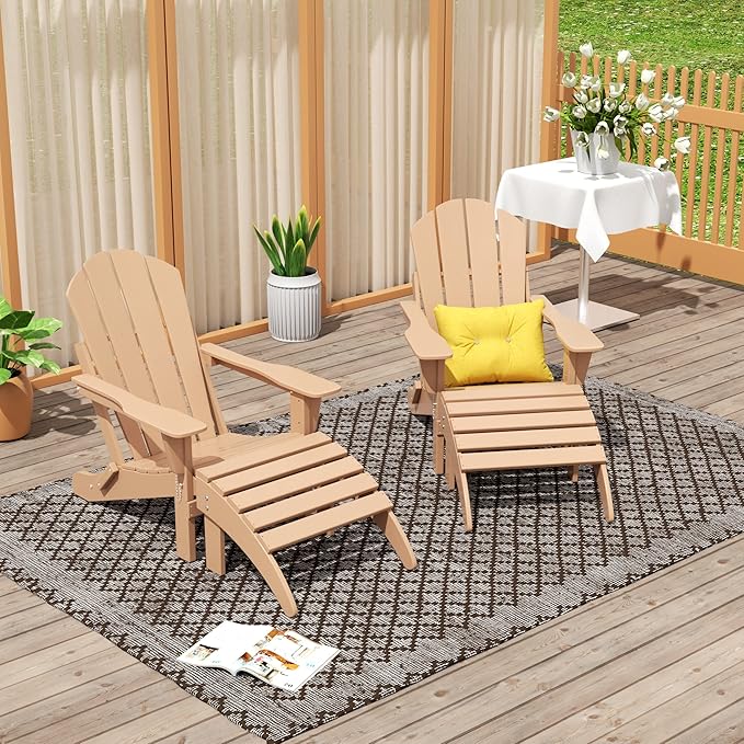 WO Home Furniture Adirondack Chair Outdoor Ottoman Set of 2 PCS Classic Patio Furniture (Teak)
