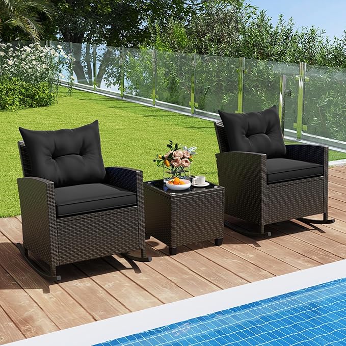 Tangkula 3 Piece Wicker Rocking Set, Patio Rattan Roker Chairs with Tempered Glass Table & Soft Cushions, Outdoor Furniture Set for Backyard, Poolside Porch (Black)