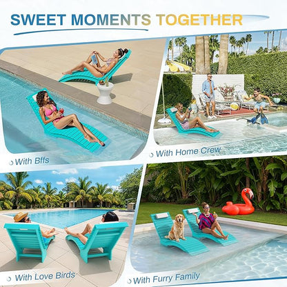Pool Lounge Chairs Outdoor Set of 4，HDPS Long Pool Chairs for in Pools, Weighted All Weather Tanning Chair with Headrest，Chaise Lounge for Outside Beach Patio Sun Bathing Hotel, Aruba Blue