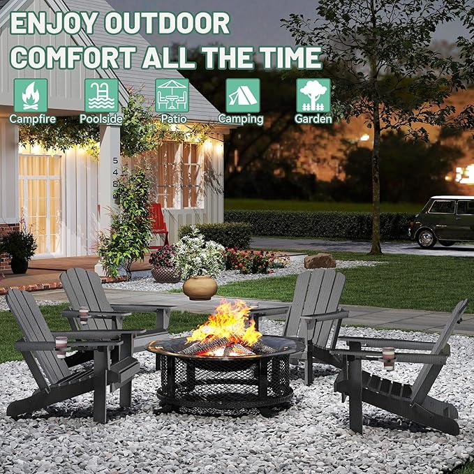 Adirondack Chairs Set of 2, Plastic Adirondack Chair, Adirondack Chairs, HDPE Adirondack Chair, Folding Adirondack Chairs, Outdoor Chairs with Cup Holder for Lawn Patio Deck Fire Pit -Grey