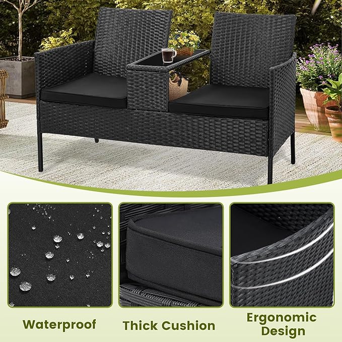 Kromax Wicker 2 Seat Patio Loveseat, Outdoor Rattan Loveseat with Table, Washable Cushion Covers, Backyard, Garden, Lawn, Black Rattan with Black Cushion