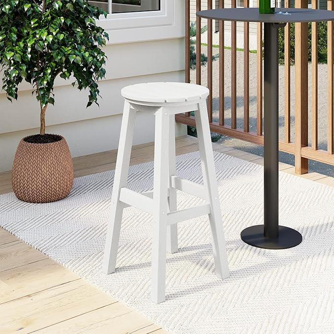 Costaelm 29" Height Outdoor Bar Stools, All-Weather Bar Stools, Adirondack Poly Patio Round Bar Stool for Patio, Deck, Kitchen Counter and Garden, White