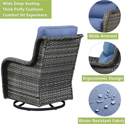 Rilyson Wicker Rocking Chair Swivel Chairs - 3 Piece Rocker Patio Furniture Set Rattan Rocking Bistro Sets with Glass Top Side Table for Outdoor Porch Deck Garden Backyard (Mixed Grey/Blue/Smile)