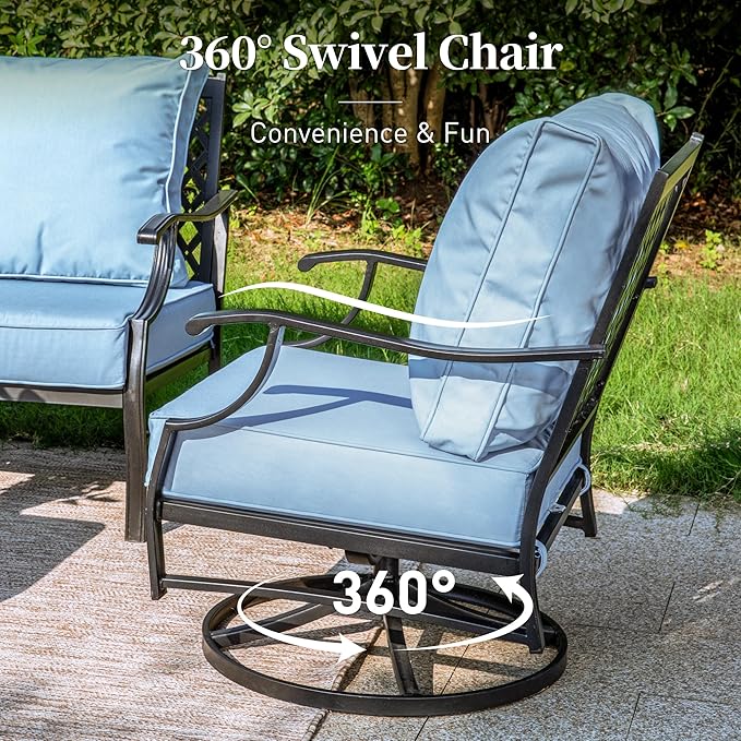 Metal Outdoor Swivel Patio Chairs Set of 2 with 5.75" Extra Thick Cushion, 2 Piece High Back Swivel Rocker Patio Chairs Outdoor Furniture Seating for Deck Balcony Front Porch, Blue
