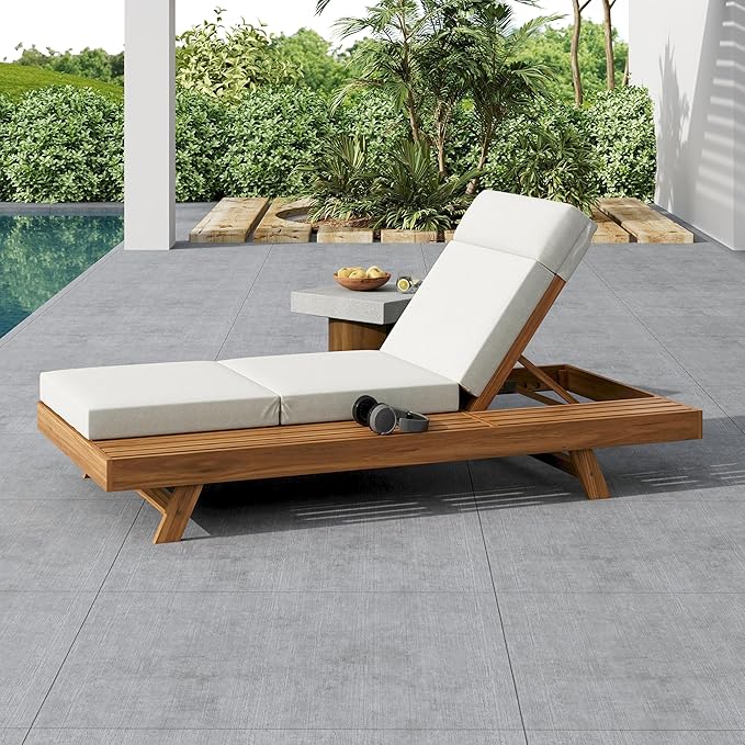 Christopher Knight Home Kayes Wood Chaise Lounge with 4'' Four-Folds Cushion - Photo 3