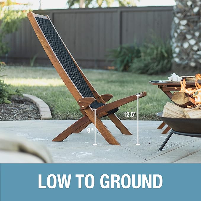 CleverMade Tamarack Folding Rope Chair - Foldable Outdoor Low Profile Wood Lounge Chair for the Patio, Backyard, and Deck, No Assembly Required