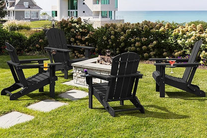 SERWALL HDPE Folding Adirondack Chair with Dual Cup Holder - Composite Adirondack Chair Set of 2- Black