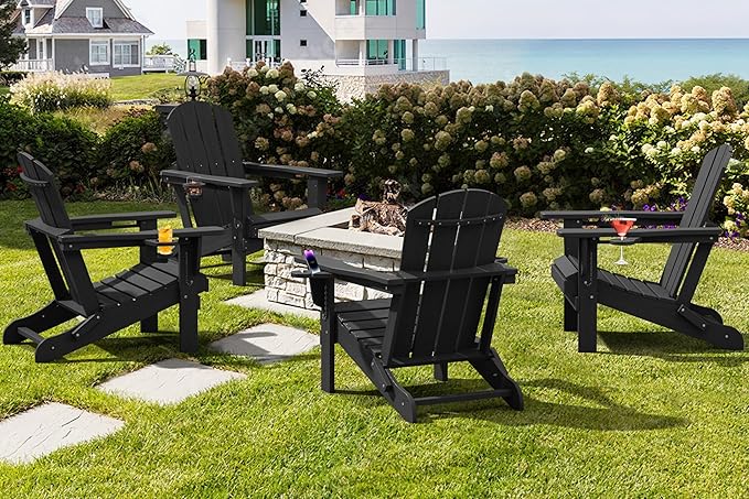 SERWALL HDPE Folding Adirondack Chair with Dual Cup Holder - Composite Adirondack Chair Set of 8- Black - Photo 9