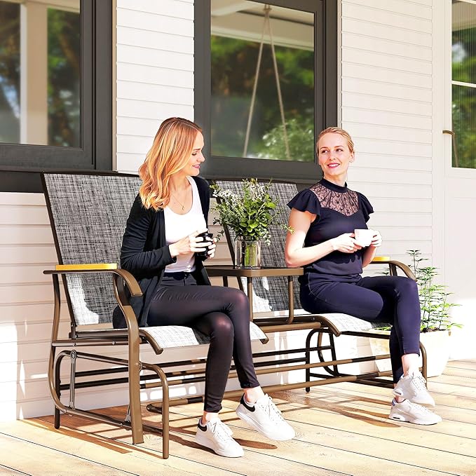 Outsunny 2 Person Outdoor Glider Bench, Patio Swing Glider Chair Loveseat with Breathable Mesh, Table - Photo 2