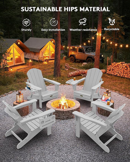 SERWALL Folding Adirondack Chair, Patio Adirondack Chairs with 4 in 1 Multi-Functional Cup Holder, Wooden Textured, All Weather Plastic Fire Pit Chair for Outdoor, Garden, Backyard, Deck- Spanish Gray