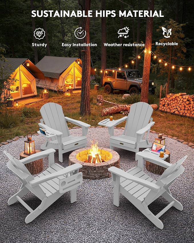 SERWALL Foldable Adirondack Chair Set of 2, HIPS Adirondack Chairs with 4 in 1 Cup Holder, Weather Resistant Fire Pit Chairs for Outdoor, Patio, Garden, Lawn, Backyard - Space Grey