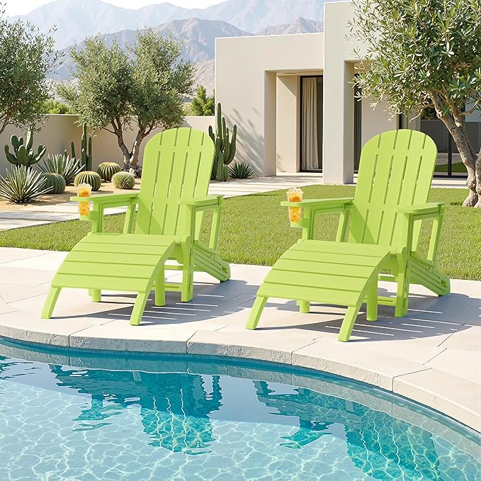 JY QAQA Outdoor Adirondack Chair Set of 2 with Detachable Table & Ottoman, All-Weather HDPE Patio Furniture with Wood Texture & Cup Holder for Patio, Poolside, Garden, Green