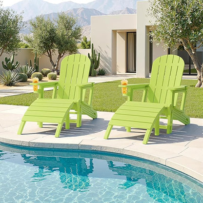 JY QAQA Outdoor Adirondack Chair Set of 2 with Detachable Table & Ottoman, All-Weather HDPE Patio Furniture with Wood Texture & Cup Holder for Patio, Poolside, Garden, Green