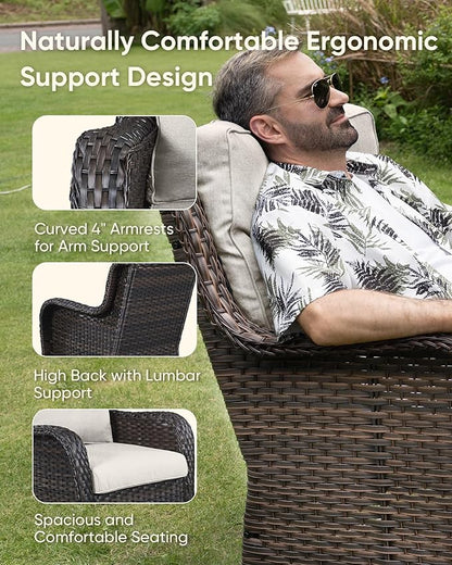 HUMMUH Patio Chairs Wicker Patio Dining Chairs Set of 2 PE Rattan Deep Seating Outdoor Chairs with 4 inch Seat Cushions(Brown/Beige)