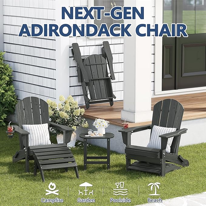 Outdoor Folding Adirondack Chair Set of 1 for Patio Fire Pit, Wooden Textured HDPE Adjustable Chairs with Cup Holder, Waterproof All Weather Resistant Plastic for Pool Lawn Garden Backyard(Gray)