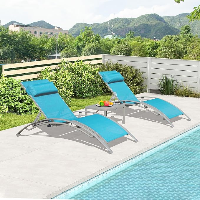 Domi Lounge Chair Set of 3, Aluminum Lounge Chairs for Outside with 5 Adjustable Positions, Chaise Lounge Outdoor for Pool, Garden, Beach, 2 Pool Chairs and 1 Side Table(Turquoise Blue)