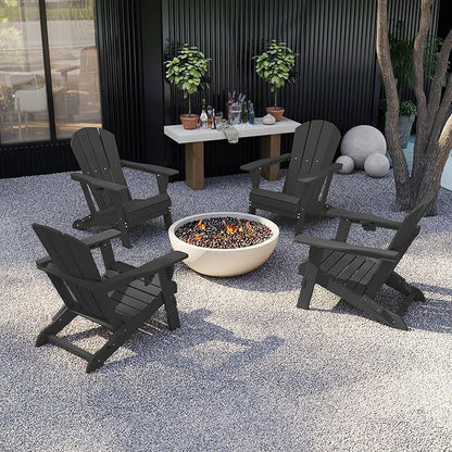 Kingdura Foldable Adirondack Chair, Portable HDPE All Weather Resistant Outdoor Patio Chair, Wooden Textured with Cup Holder, 380LBS Capacity for Poolside, Backyard, Deck, Fire Pit (Black)