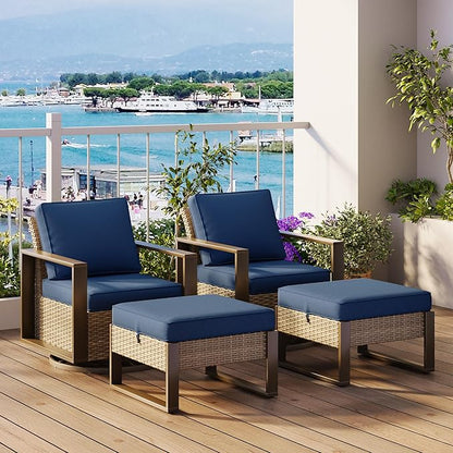 Outdoor Wicker Metal Chairs Set of 2 with Two Ottomans, 360 Degree Glider Rockers Armchairs, 4 Pieces Patio Bistro Set with Wood-Looking Metal Armrest for Poolside, Terrace, Dark Blue