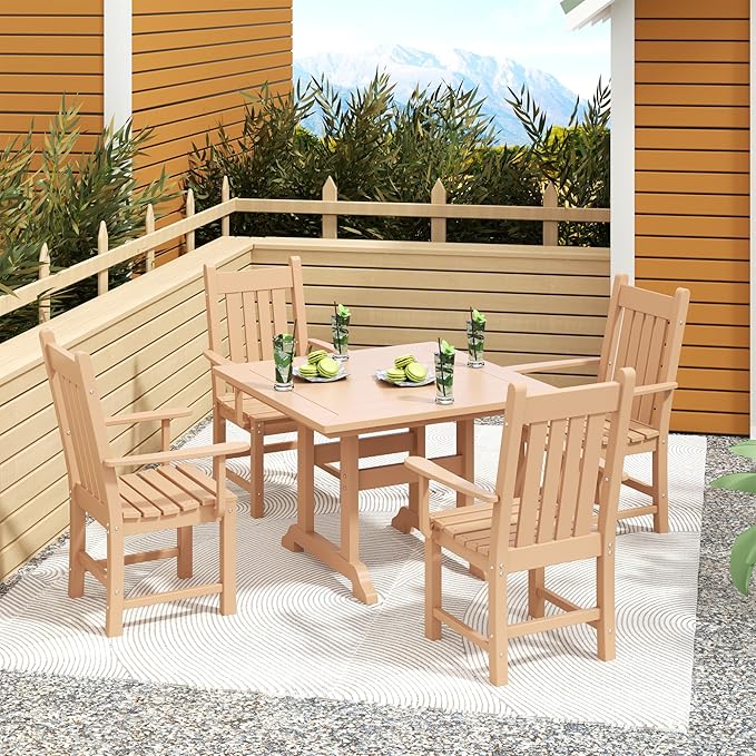 Costaelm Patio Dining Chairs, Plastic Outdoor Adirondack Chair with Arm, HDPE Poly Lumber, Waterproof Restaurant Bistro Dining Chair for Outside Porch Backyard Garden, Teak