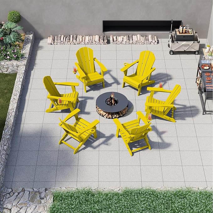 Folding Adirondack Chairs with Cup Holders, Set of 6 HDPE Plastic Outdoor Chairs, Weather Resistant, Real Wood Look - Photo 2