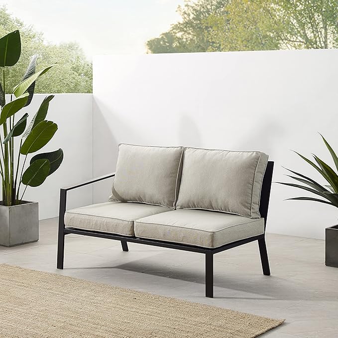Crosley Furniture Clark Outdoor Sectional Left Side Loveseat, 2-Person Patio Couch for Deck, Backyard, Matte Black with Taupe Cushions