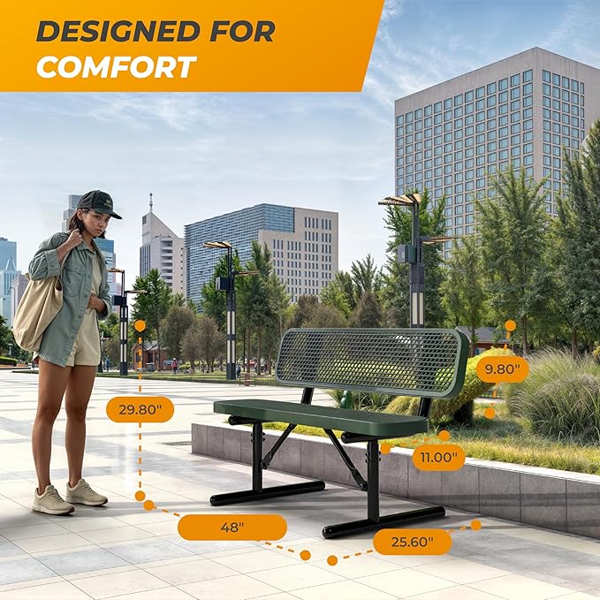 Heavy-Duty Outdoor Metal Bench, Thermoplastic-Coated, Portable, Weatherproof, Commercial-Grade for Parks, Gardens, Patios, Stores & More (4 Ft - Portable with Back, Green)