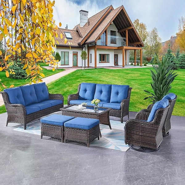 Rilyson Wicker Patio Furniture Set - 7 Piece Rattan Outdoor Sectional Conversation Sets with 2 Rocking Swivel Chairs - Photo 1