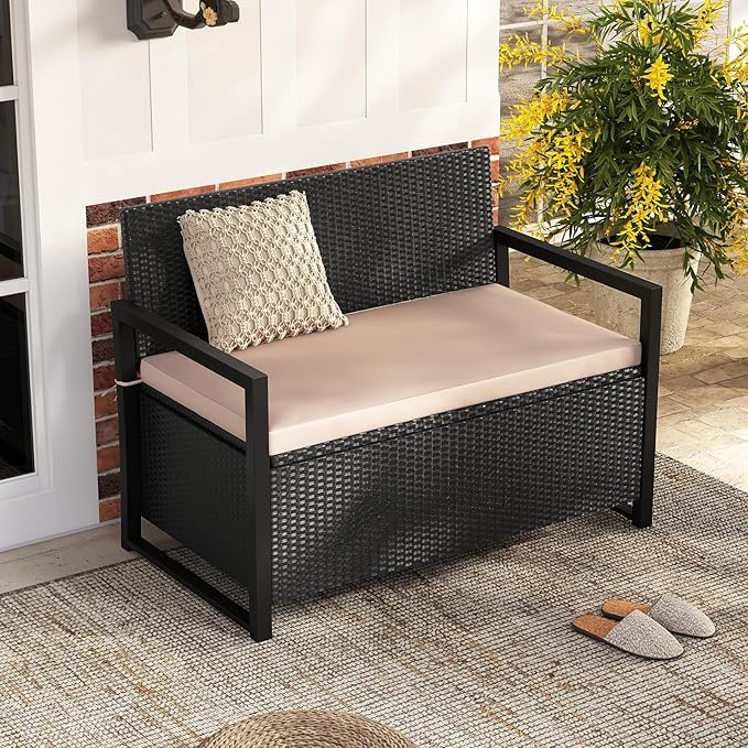 RELAX4LIFE Wicker Outdoor Bench with Storage - Rattan Deck Box w/Protective Liner for Pillows, Pool Supplies - Photo 9