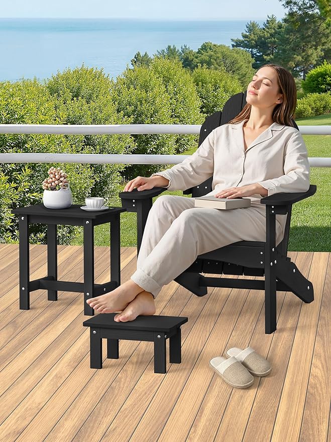 LUE BONA Outdoor Side Table, 2-Tier HDPS Outdoor Nesting End Table with Removable Small Foot Stool for Patio, Deck, Poolside, Low Maintenance & Weather Resistant,Black