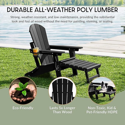 WestinTrends Malibu Folding Adjustable Adirondack Chair with Retractable Ottoman and Cup Holder (Set of 2), Black