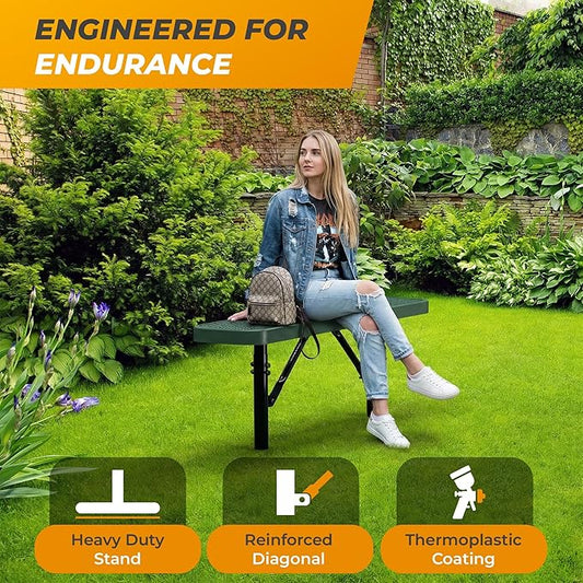 Heavy-Duty Outdoor Metal Bench, Thermoplastic-Coated, Inground, Weatherproof, Commercial-Grade for Parks, Gardens, Patios, Stores & More (4 Ft - Inground, Green)