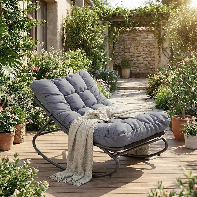 GarveeHome Wicker Rocking Chair, Papasan Egg Rocker with Iron Frame & Thick Cushion, Adjustable Rocking Range & Fixed Rope, 450 lbs Capacity Indoor/Outdoor for Porch, Garden, Grey