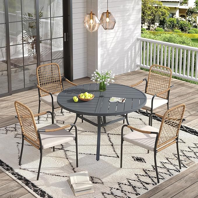 VICLLAX 40.6" Round Patio Table with Umbrella Hole, All Weather Metal Outdoor Dining Table for 4, Outside Table with Storage Shelf for Lawn Garden, Grey