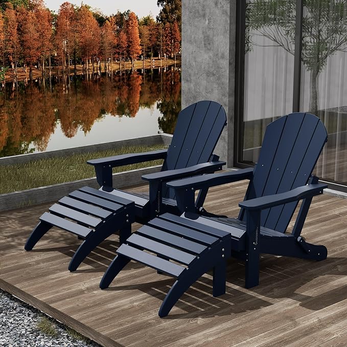 WestinTrends Malibu Outdoor Lounge Chair Set, 4-Pieces Adirondack Chair Set of 2 with Ottoman, All Weather Poly Lumber Patio Lawn Folding Chair for Outside Pool Beach, Navy Blue