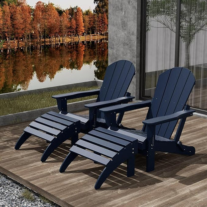 WestinTrends Malibu Outdoor Lounge Chair Set, 4-Pieces Adirondack Chair Set of 2 with Ottoman, All Weather Poly Lumber Patio Lawn Folding Chair for Outside Pool Beach, Navy Blue