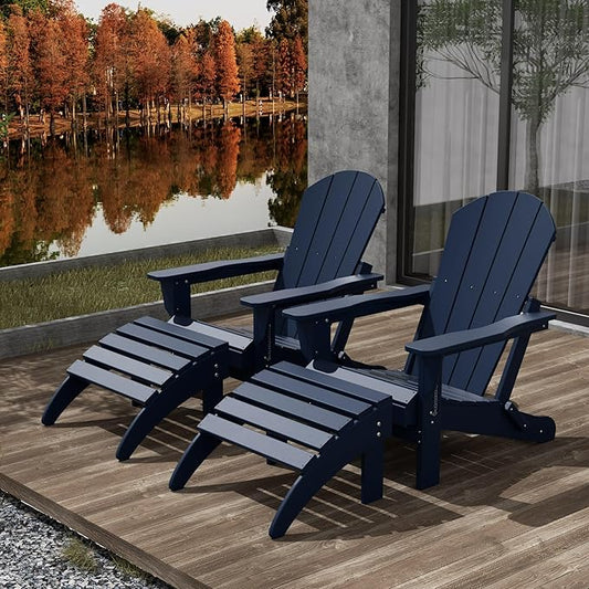WestinTrends Malibu Outdoor Lounge Chair Set, 4-Pieces Adirondack Chair Set of 2 with Ottoman, All Weather Poly Lumber Patio Lawn Folding Chair for Outside Pool Beach, Navy Blue