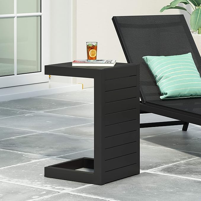Christopher Knight Home Jesse Coral Outdoor Modern Aluminum C-Shaped End Table, Matte Black - Photo 2