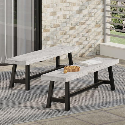 Merax 2 Pack Outdoor Acacia Wood Patio Bench, Garden Benches for Porch Park Yard Backyard Lawn, Grey + Black